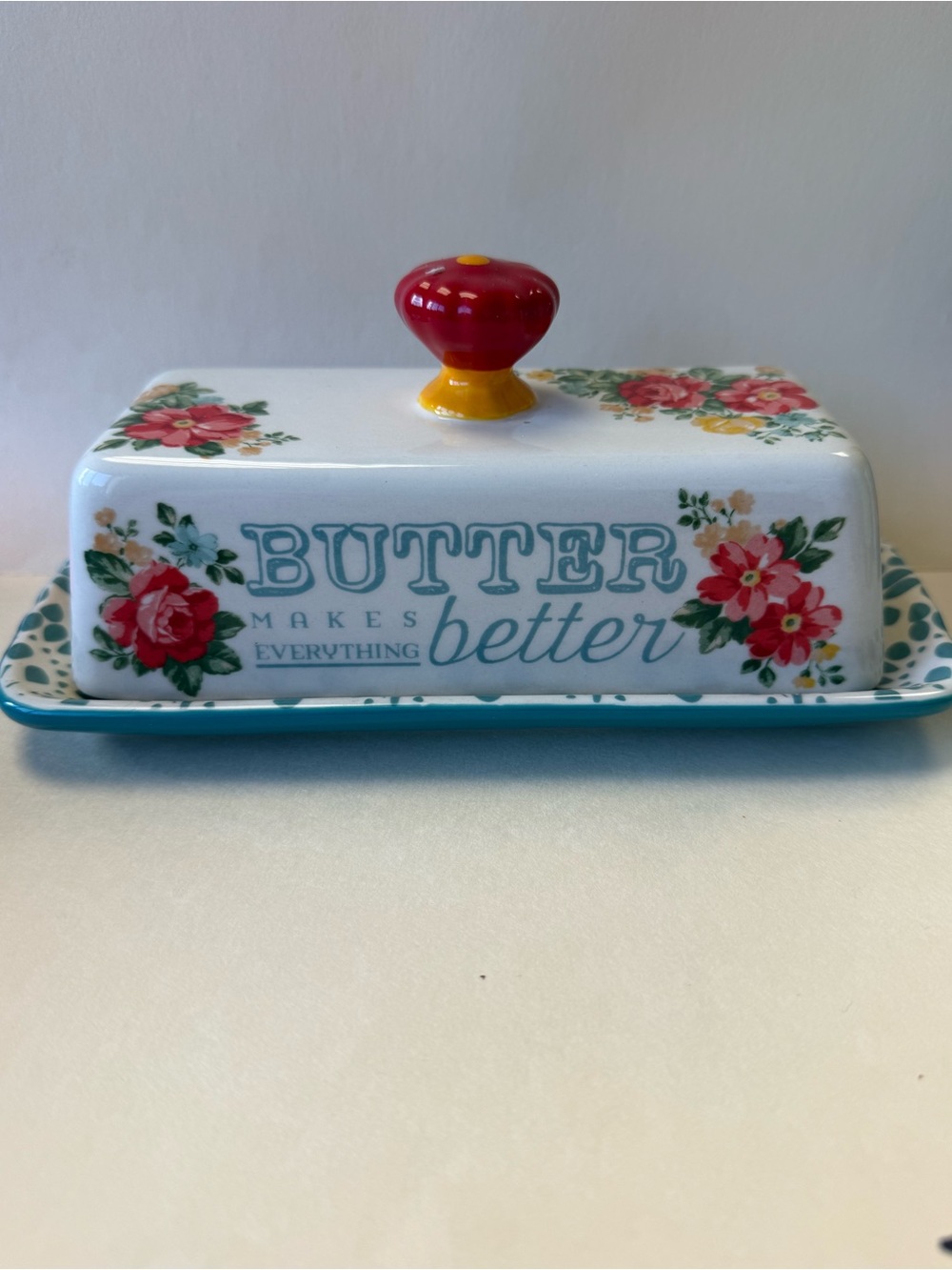 Pioneer Woman Floral Teal Lace Ceramic “Butter Makes Everything Better” Dish